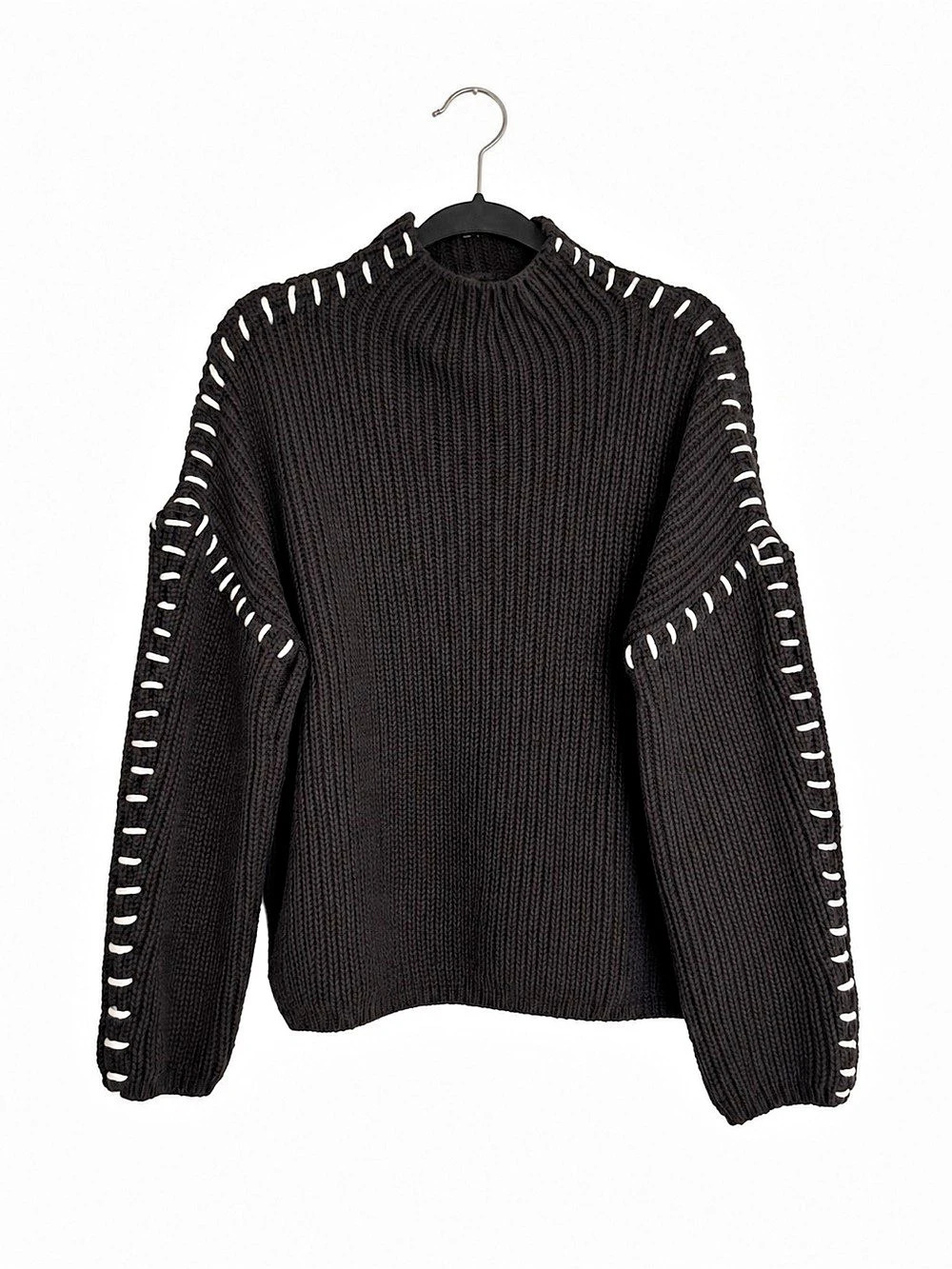 Black Mock Neck Whip Stitch Sweater